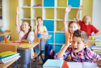 Clever schoolkids raising hands at workplaces during lesson